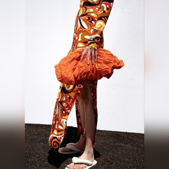 Zara Goovy Multicolored Mod 1970s Style Slit Sides Maxi Dress Long Sleeve Size S - Picture 9 of 16